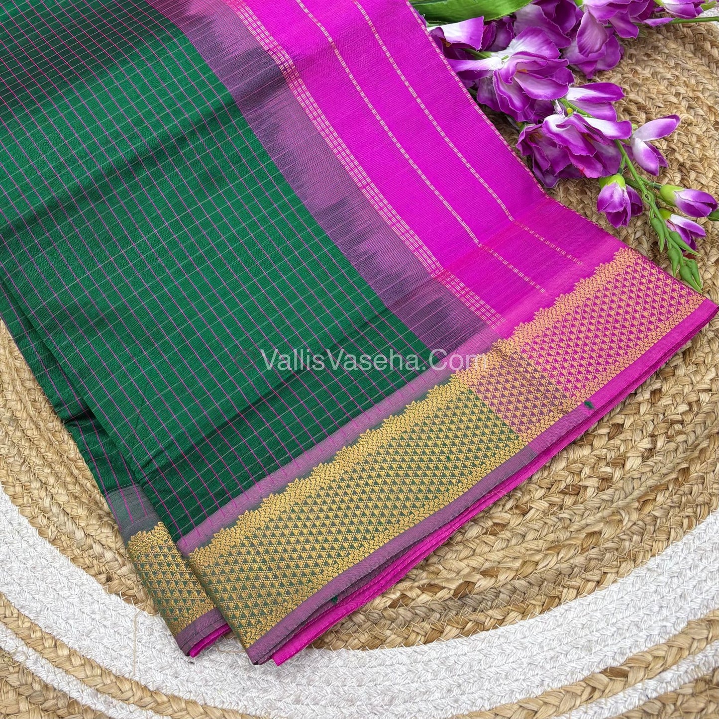Semi Silk Cotton Saree - Green With Pink Shade - VVSSC004