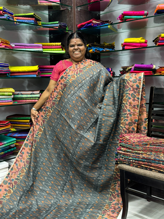 Chanderi Mixed Cotton Saree - Ikkat & kalamkari design  - VVCC002