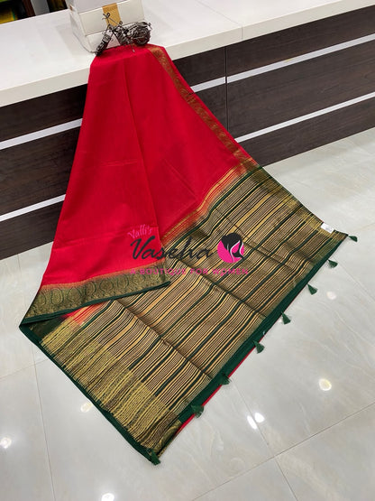 Semi Jute Silk Saree - Red With Green Shade- VVSJS001