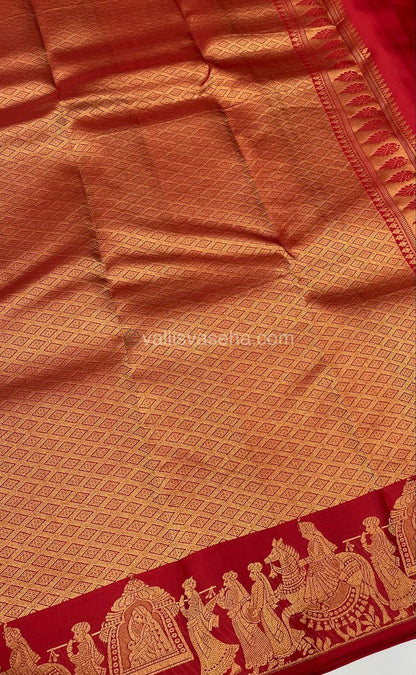 Pure Kanchipuram Silk Saree - Lakdhadeepam Butta with Self embossed Checks & Pallaku Design Self Border- Red shade  - VVPS006