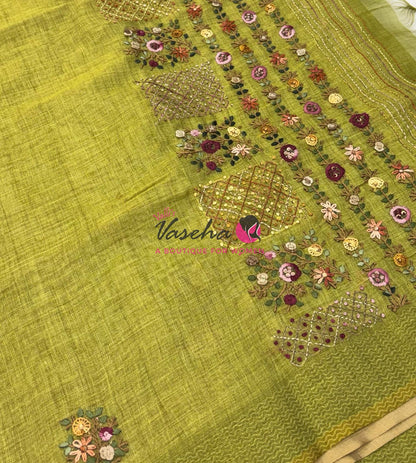 French Knot - Linen Tissue Saree - Green Shade - VVLFN017