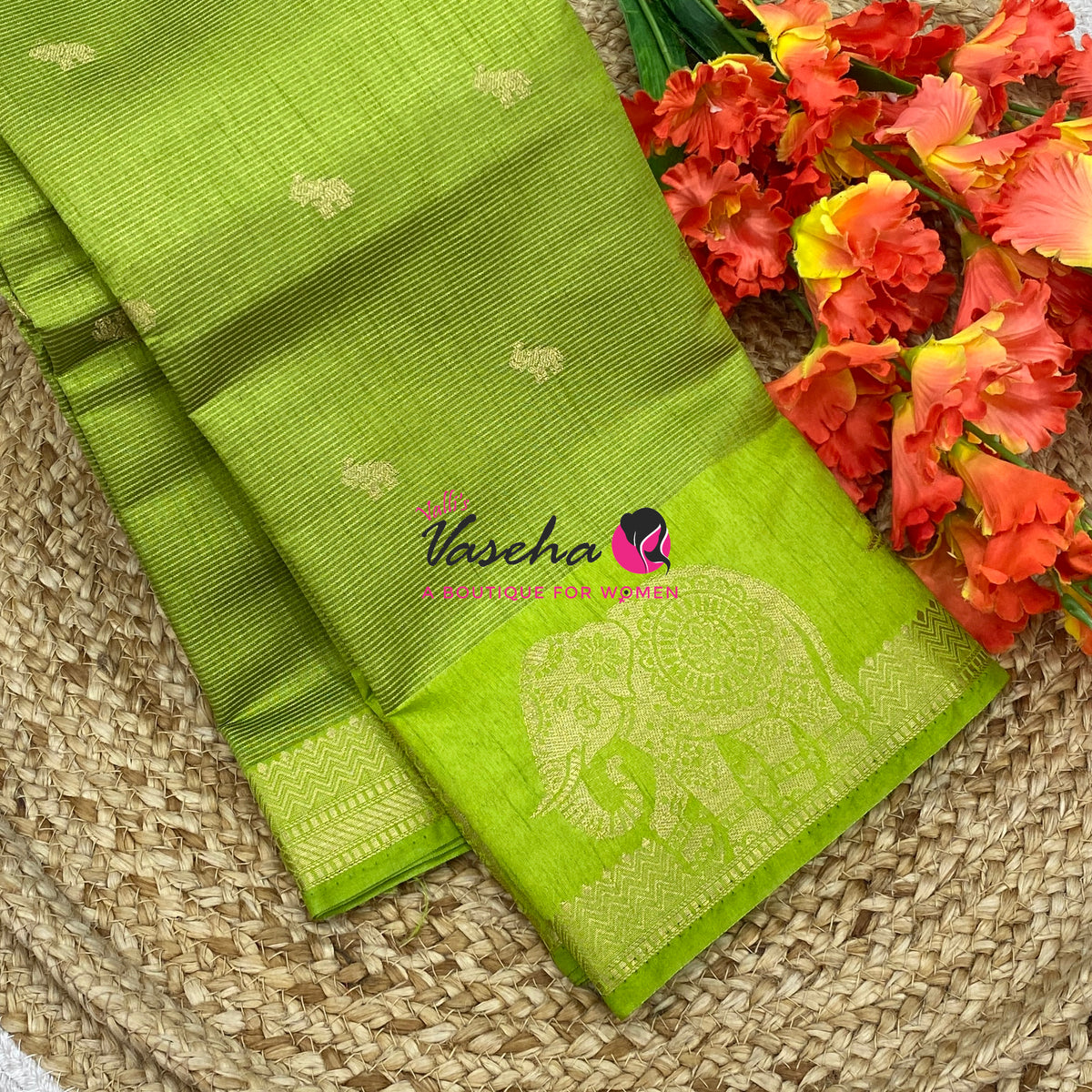 Semi Tussar Silk Saree | Parrot Green Shade |VVSTS060