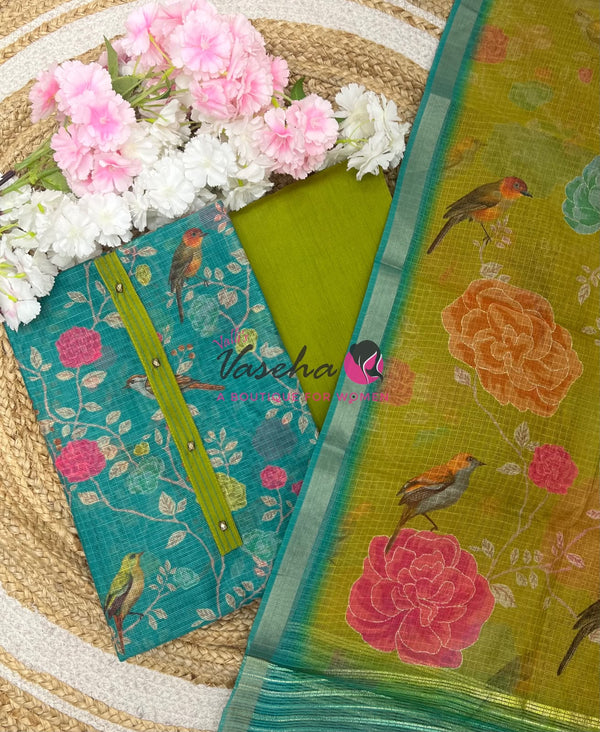 Unstitched Kota Digital Printed Material | Green With Mehandhi Green Shade | VVUSM060