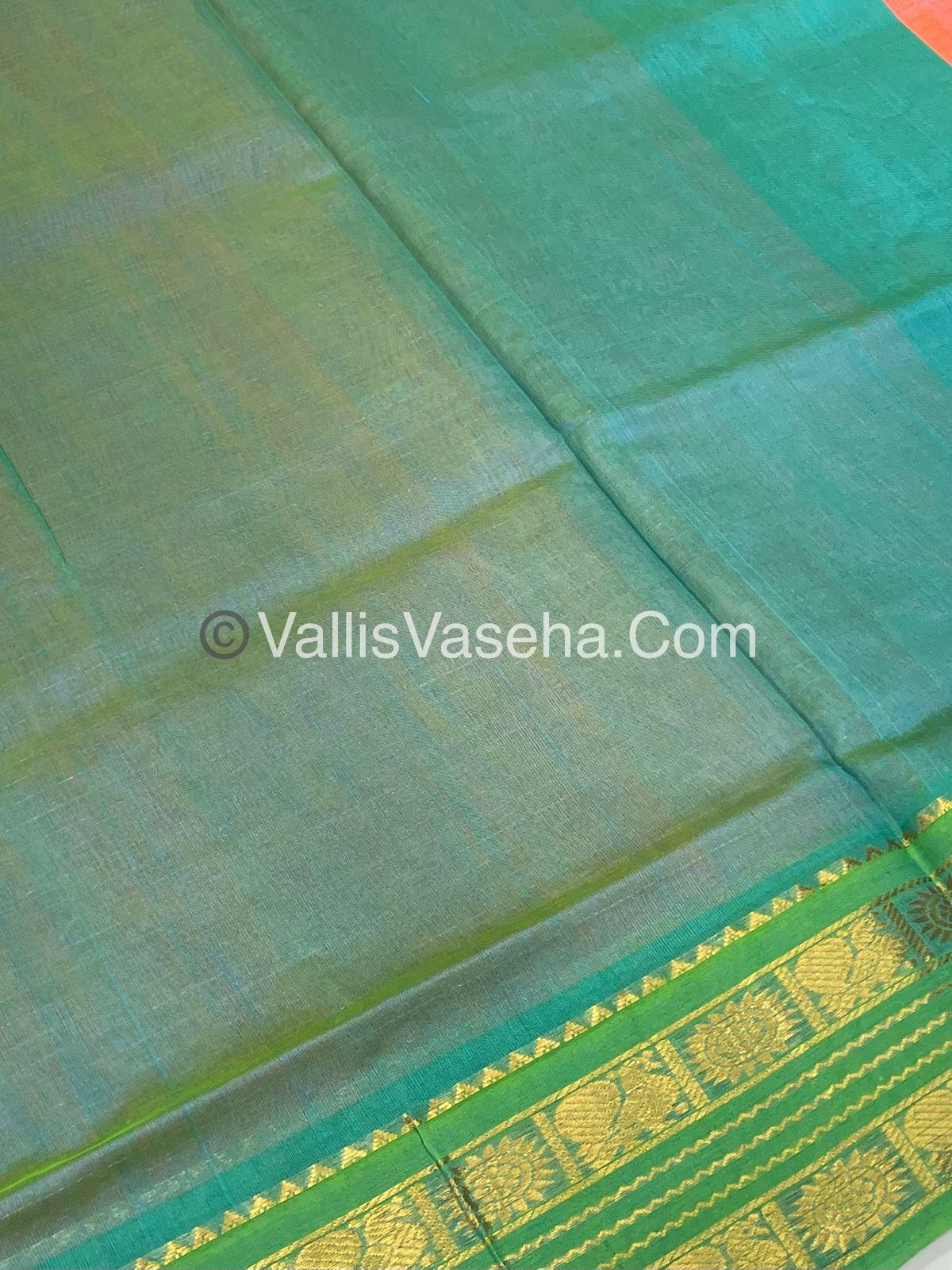 Pure Korvai Silk Cotton - Retta Petta Border - Double tone Pinkish Orange With Green Combo - VVKSC010