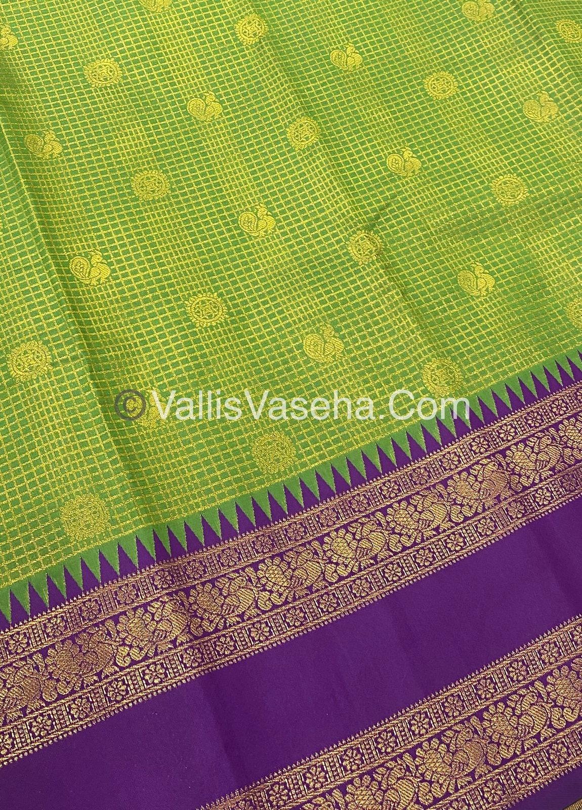 Kanchi Semi Silk - Mayil & Chakkaram design - Green with Purple - VVKSS001