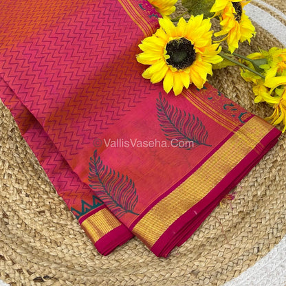 Pure Printed Silk Cotton Sarees - Peachish Pink with Pink - VVPSC003