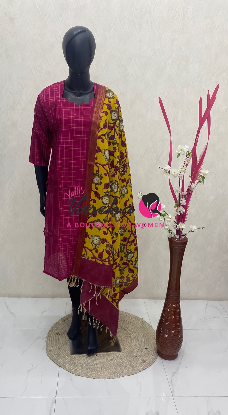 Ready Made - Semi Raw Silk Kurti with Chennur Silk Kalamkari Duppatta - Pink Shade - 2pc Set - VVSRK002