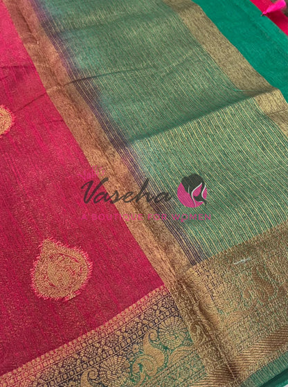 Bamboo Silk Saree- Reddish Pink with Green Shade - VVBSS013