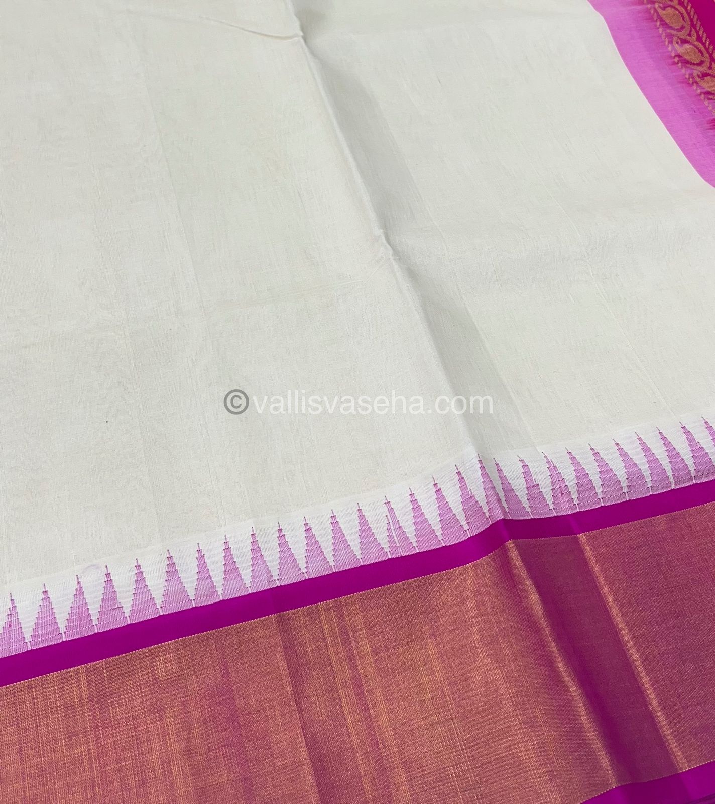 Pure Korvai Silk Cotton Saree - Half white / Cream With Pink - Temple border - VVKSC001