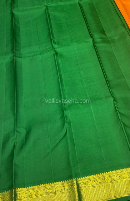 Pure Kanchipuram Silk Saree - Korvai - Mayil & Chakkaram Design - Mambalam Yellow with Green Combo- VVPS004