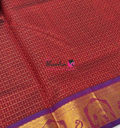 Pure Silk Cotton Saree - Maroon With Violetish Blue - Lakshadeepam Design - VVPLD004