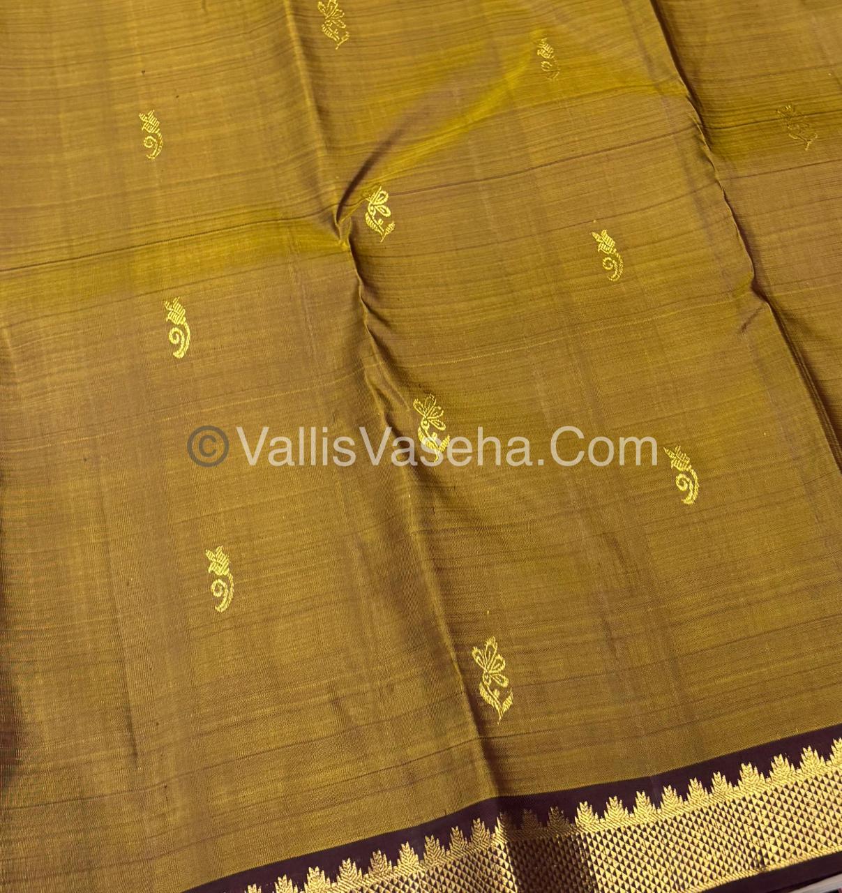 Pure Kanchipuram Silk Saree - Mustard Yellow & Brown Shade  - VVPS031