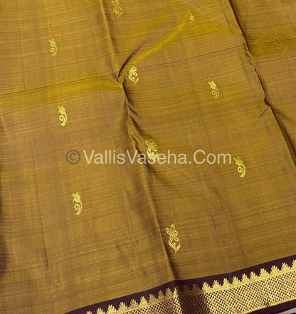 Pure Kanchipuram Silk Saree - Mustard Yellow & Brown Shade  - VVPS031