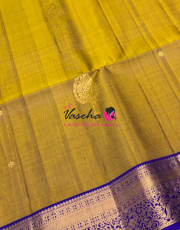 Pure Soft Silk Saree - Mustard Yellowish Green & Blue Combo - Velum & Mayilum - Kanchi Border - VVPSS015