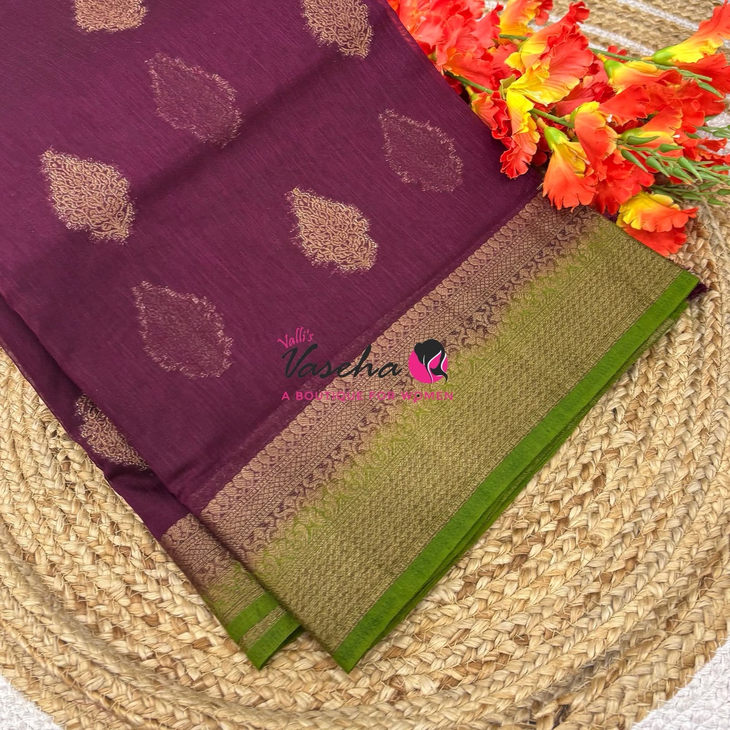Bamboo Silk Saree - Wine with Green - VVBSS018