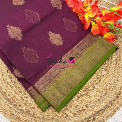 Bamboo Silk Saree - Wine with Green - VVBSS018