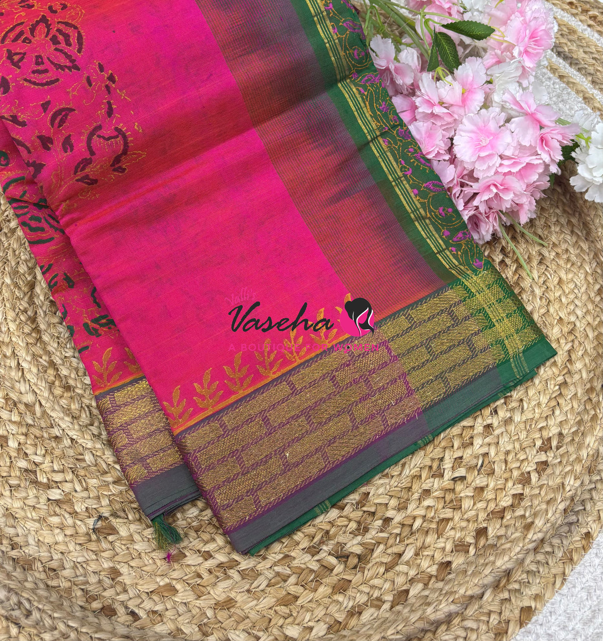 Pure Printed Silk Cotton Sarees - Peachish Pink with Green   - VVPSC004
