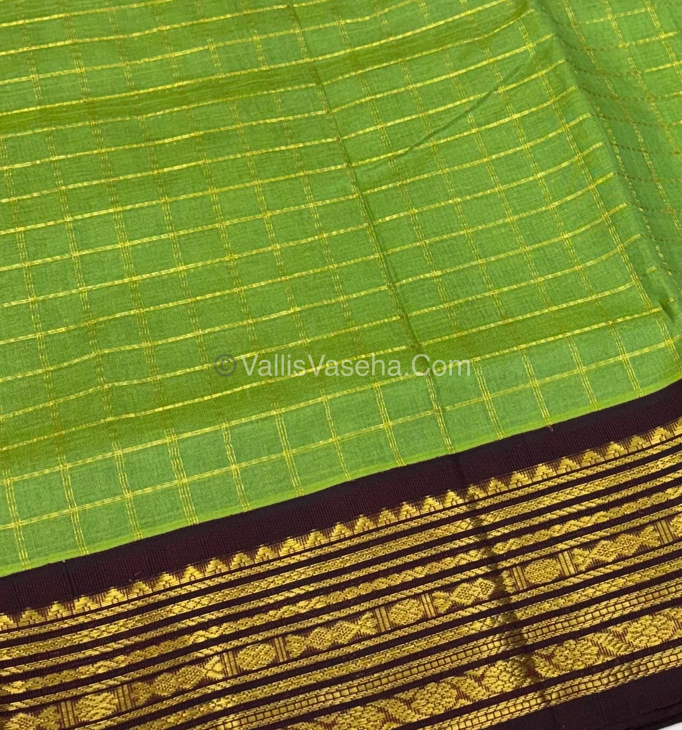 Pure Korvai Silk Cotton - Light Green with Maroon - Checks Pattern - VVKSC021