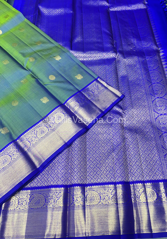 Pure Kanchipuram Silk Saree - Peacock Blue With Blue  Combo - VVPS010