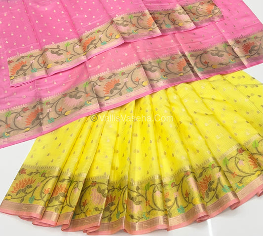 Unstitched - Lehenga Material - Zari Kota Tissue - Yellow & Pink - VVULM001
