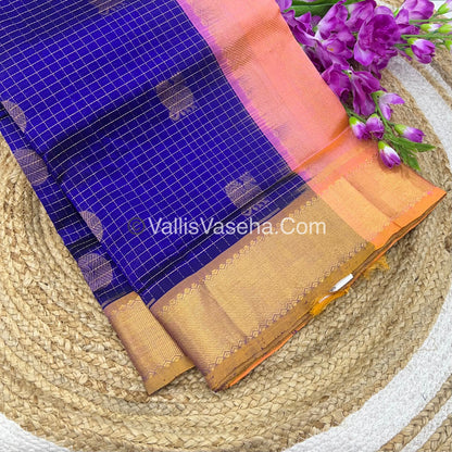Pure Silk Cotton Saree - Mayil & Chakkaram Design - Blue With Peach Gold Shade - VVMC002