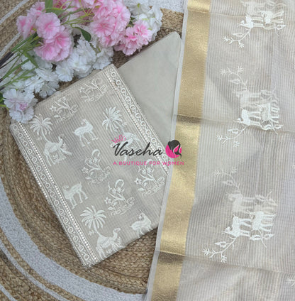 Unstitched Kota Tissue Material  | Cream| VVUSM041