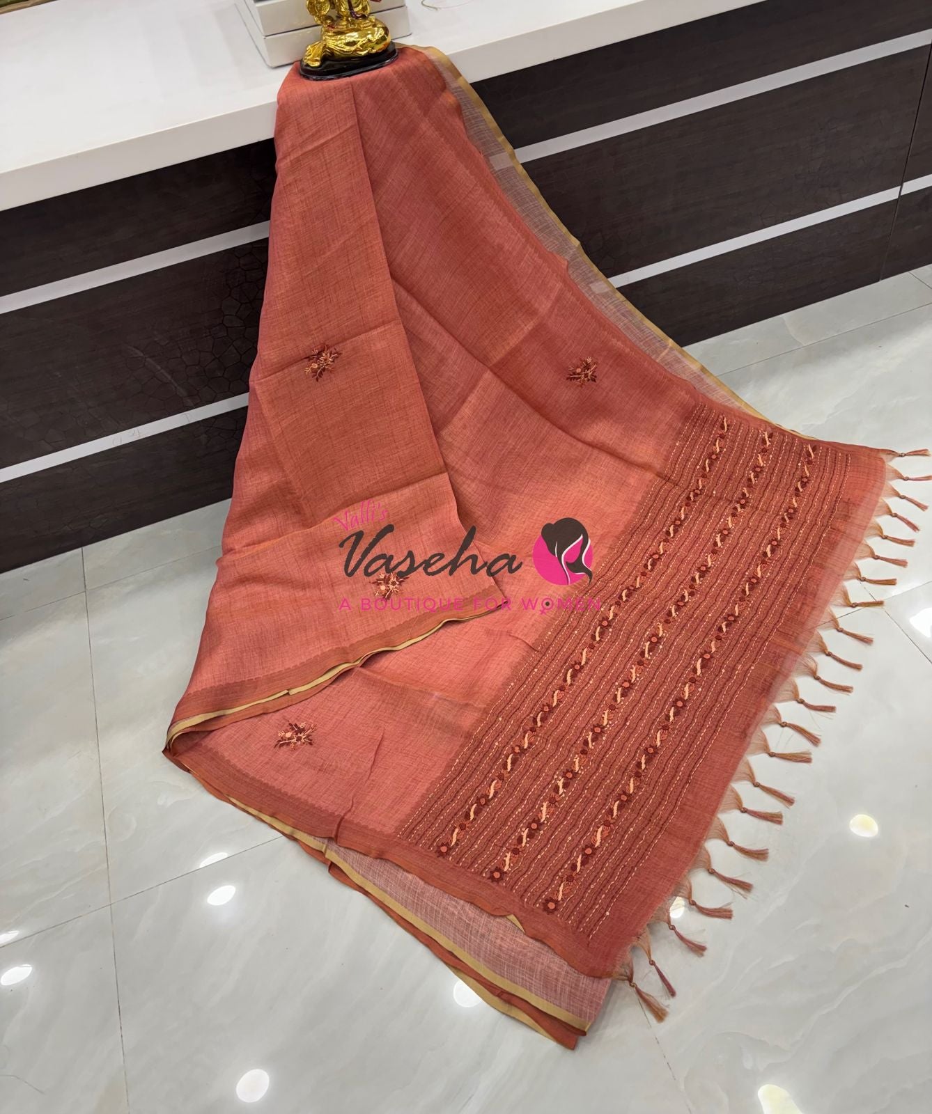 French Knot - Linen Tissue Saree - Peach Shade - VVLFN015