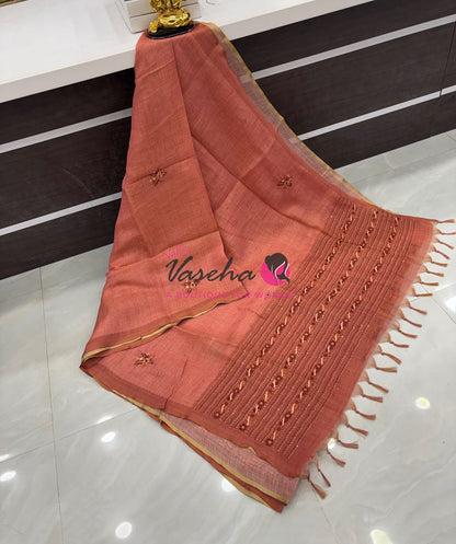 French Knot - Linen Tissue Saree - Peach Shade - VVLFN015
