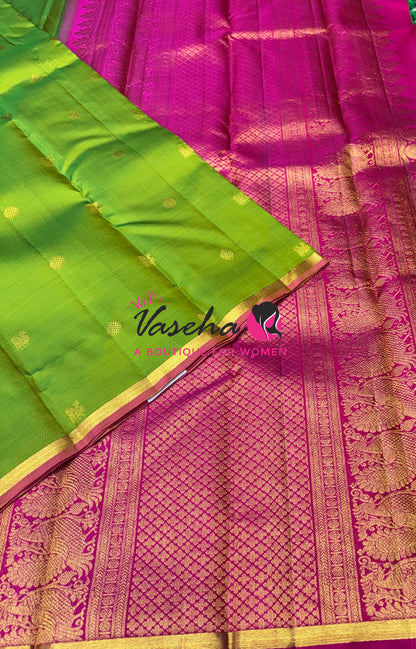 Pure Kanchipuram Silk Saree - Lemon Green with Pink - VVPS077
