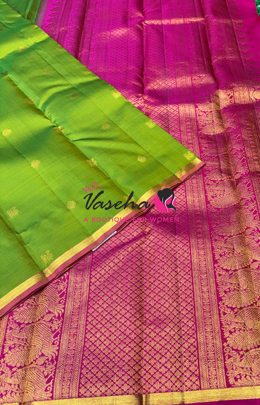 Pure Kanchipuram Silk Saree - Lemon Green with Pink - VVPS050