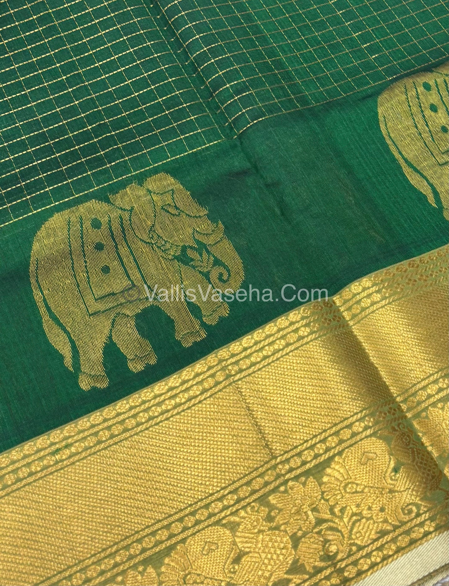 Pure Korvai Silk Cotton - Checks Pattern - Green With Creamish Golden Shade  - VVKSC033