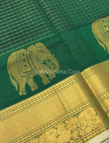 Pure Korvai Silk Cotton - Checks Pattern - Green With Creamish Golden Shade  - VVKSC033