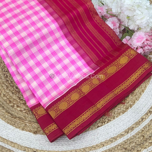 Pure Korvai Silk Cotton With Retta Petta Border - White & Pink Kattam pattern - VVKSC003