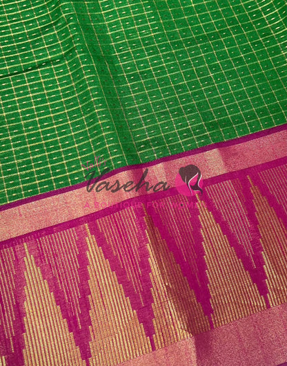 Semi Raw Silk - Lakshadeepam Design - Green With Pink Shade - VVRS008