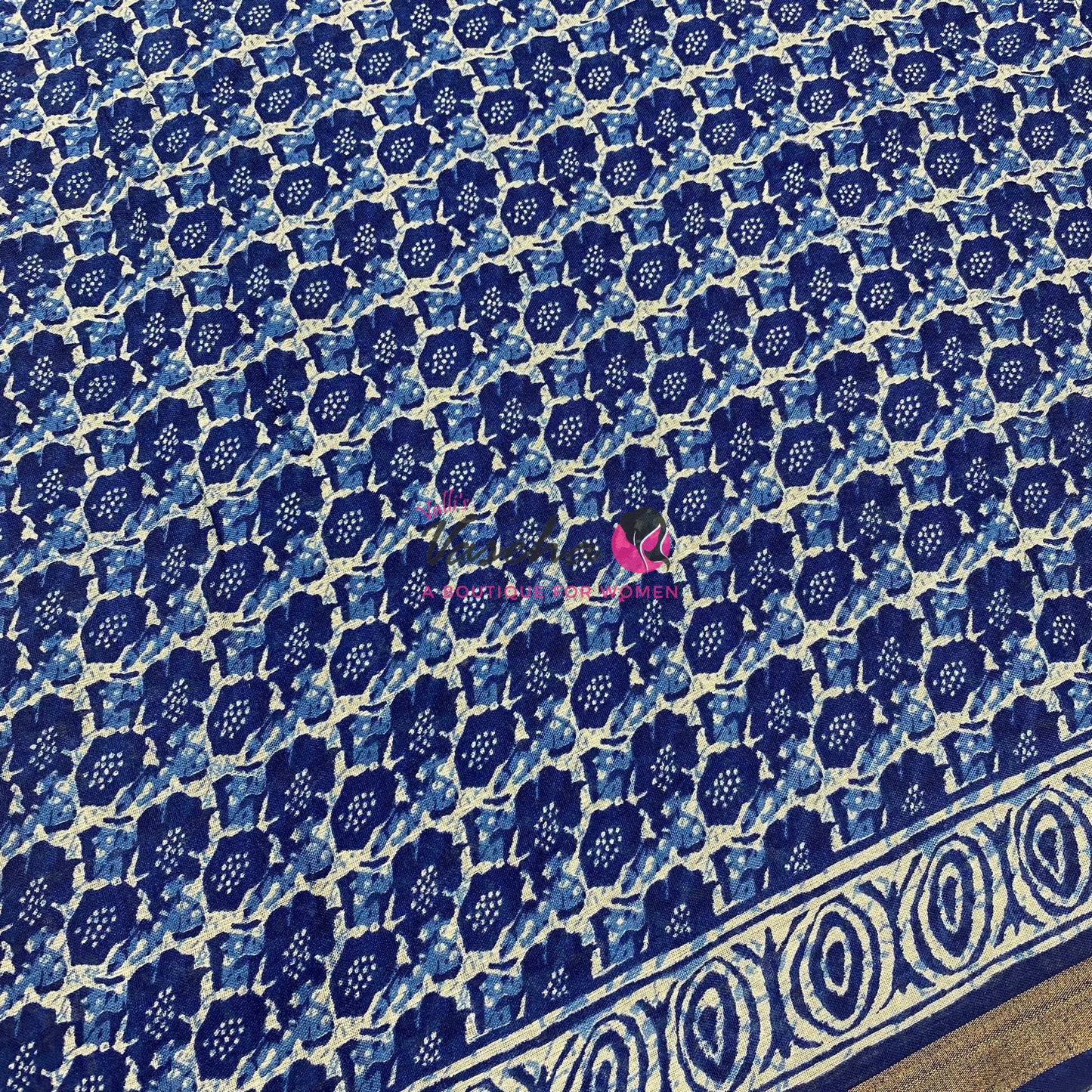 Semi Maheshwari Mixed Cotton Saree - Linen Feel - Indigo Blue - VVMSC008