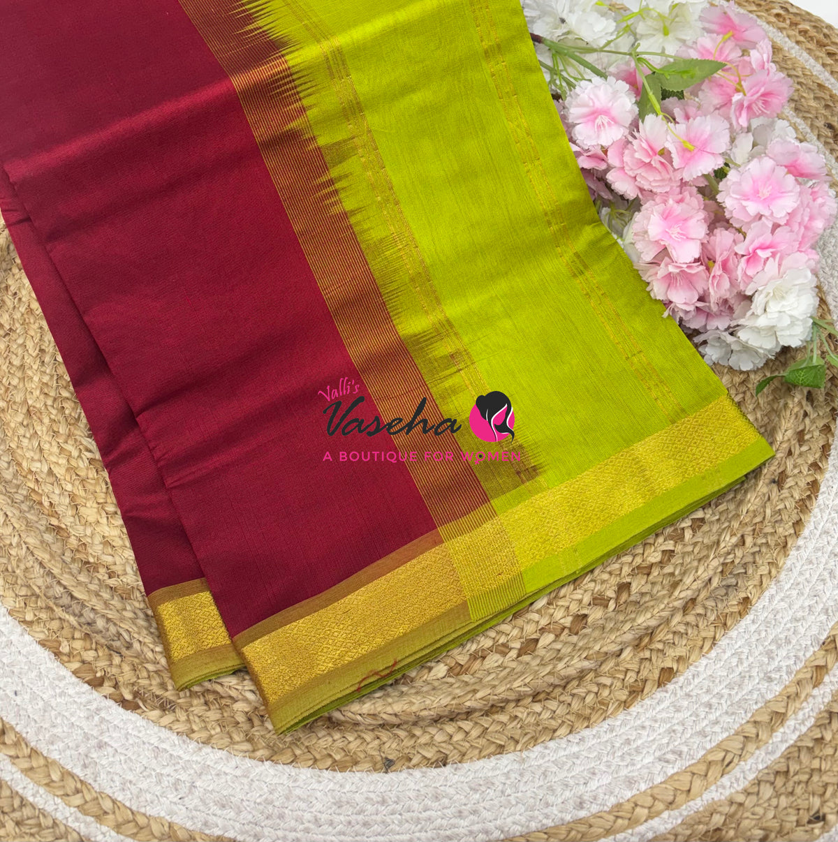 Pure Silk Cotton Sarees - Maroon  With Green - VVPSC017