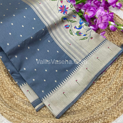 Semi Raw Silk - Paithani Design Weaving - Grey Shade - VVRS005