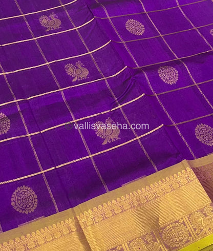 Pure Silk Cotton Saree - Mayil & Chakkaram Design - Purple With yellow Shade - VVMC001