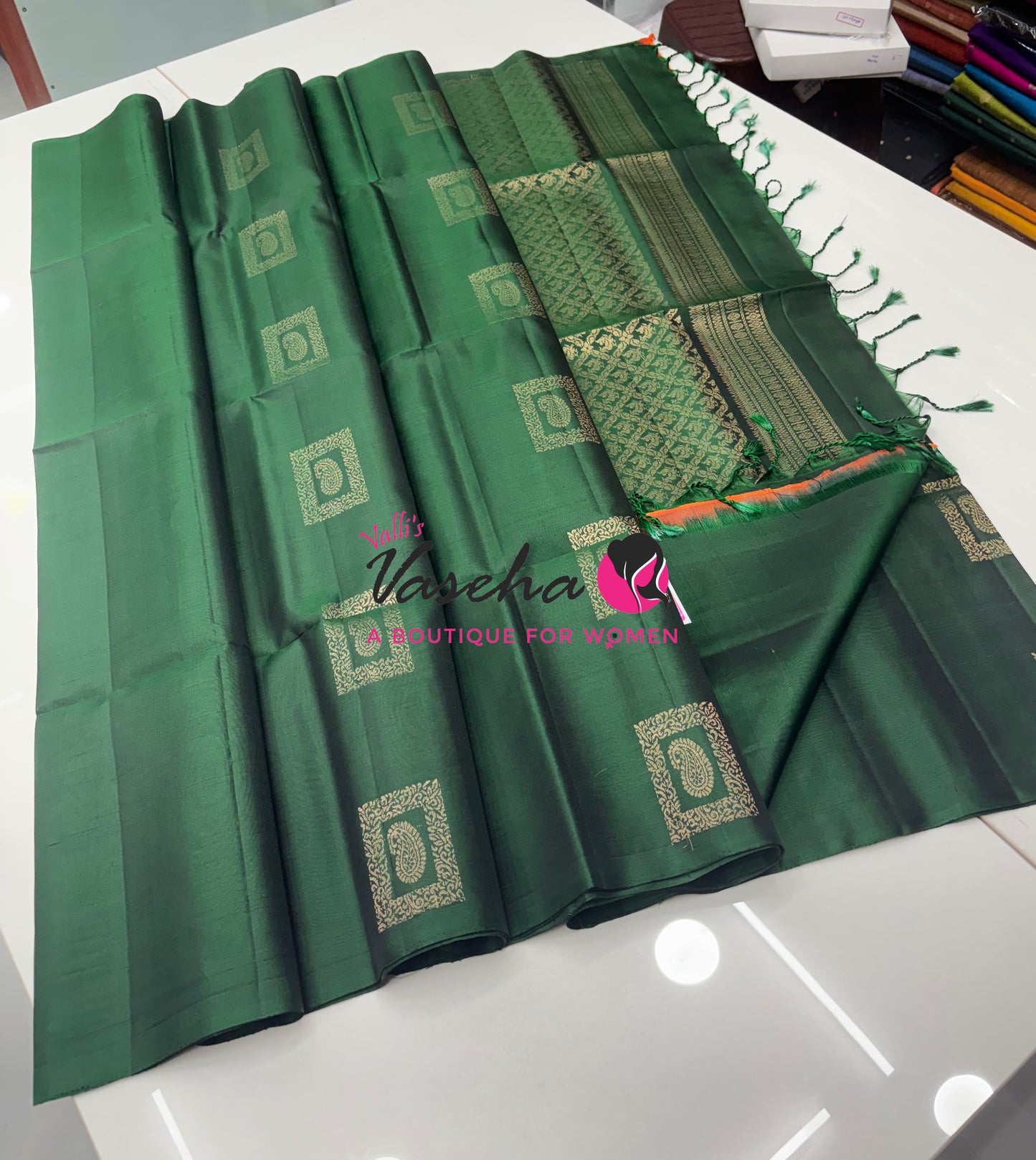 Pure Soft Silk Saree  - Border Less  - Dark Green Shade - VVPSS100