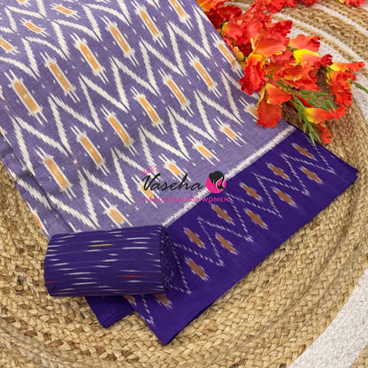 Double Ikkat Pure Cotton Saree -  Blue With Red  - VVIKS002
