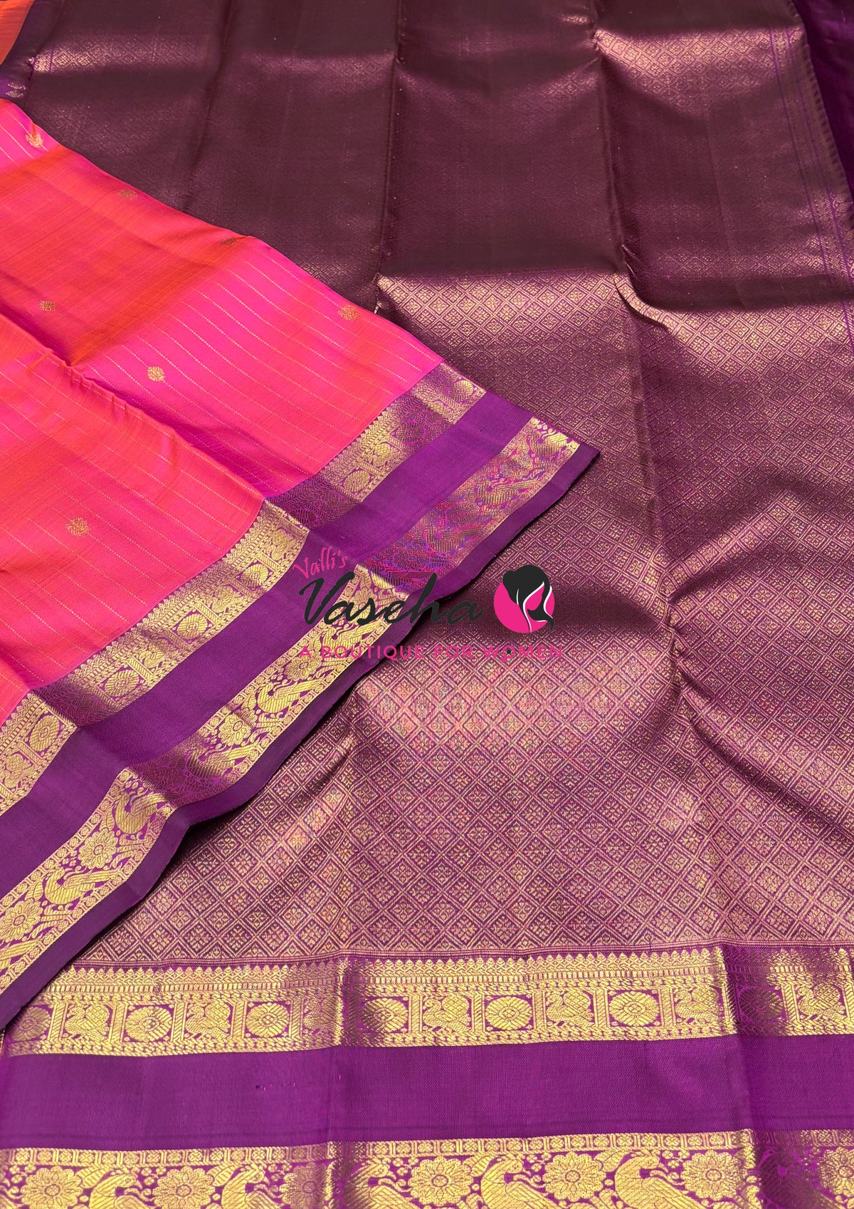 Pure Kanchipuram Silk Saree - Vairavoosi Design  - Peach With Purplish Pink - VVPS095