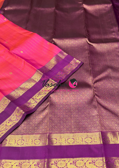 Pure Kanchipuram Silk Saree - Vairavoosi Design  - Peach With Purplish Pink - VVPS095