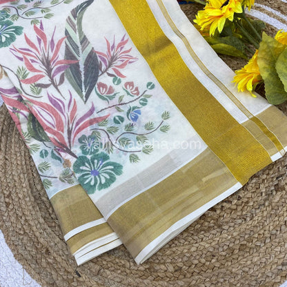 Kerala Cotton Saree - Cream With Golden Border - VVKCS001