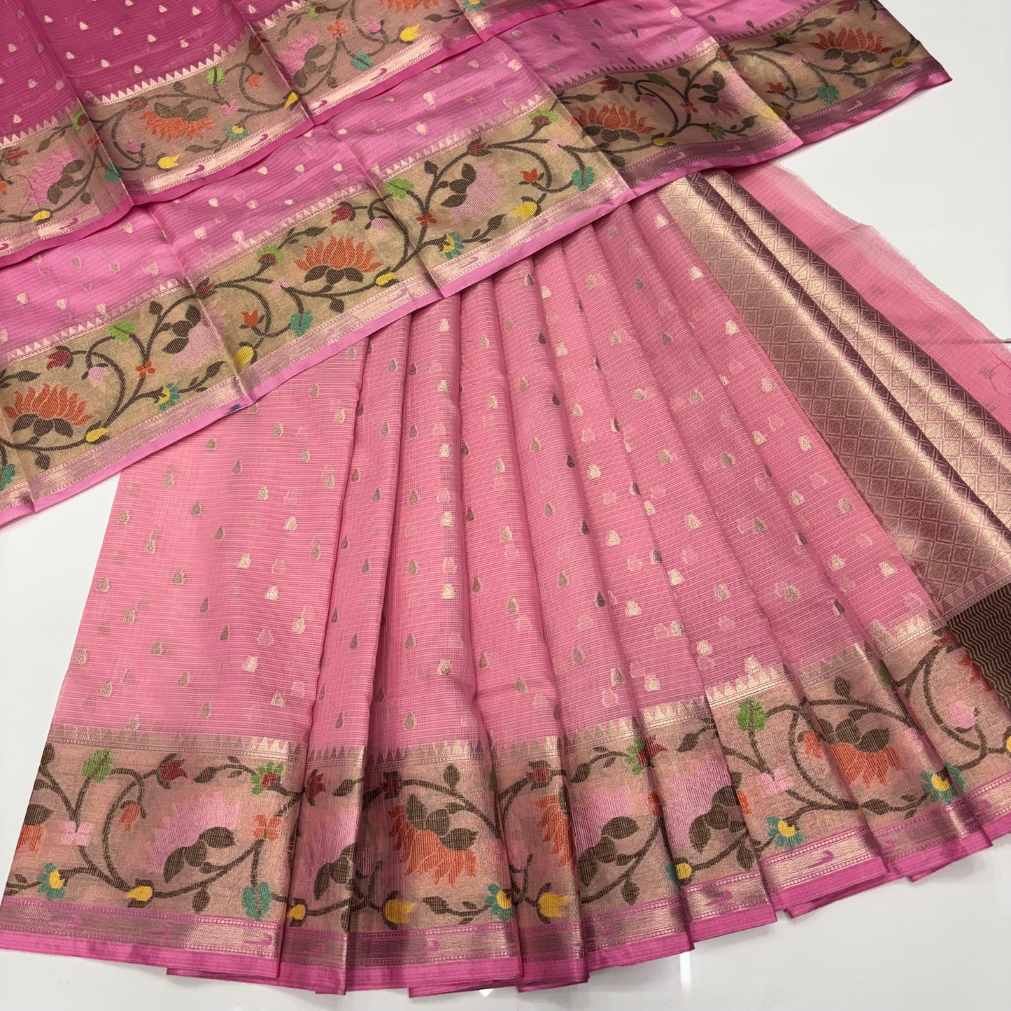 Unstitched - Lehenga Material - Zari Kota Tissue -  Pink & Pink - VVULM001