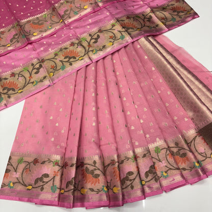 Unstitched - Lehenga Material - Zari Kota Tissue -  Pink & Pink - VVULM001