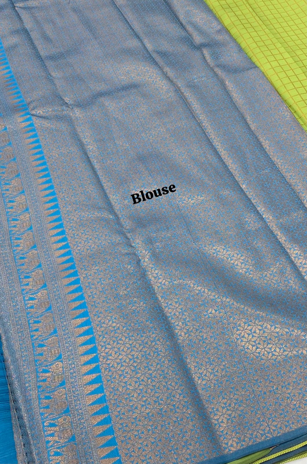 Semi Silk Saree - Kanchi Silk Style - Elephant Border - Light Green with blue   - VVSSS005