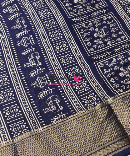 Semi Binny Silk - Varli Design - Navy Blue Shade - VVSBS010