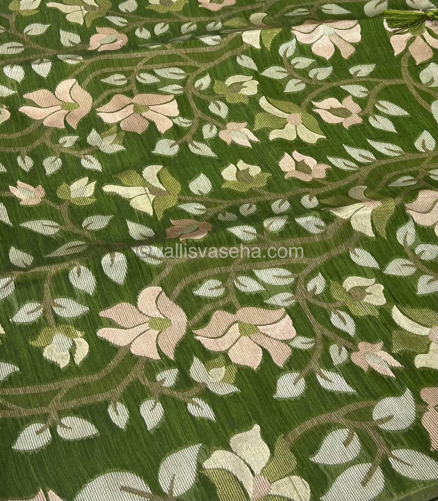Semi Raw Silk with Jamdhani Design Weaving  - Mehandi green Shade - VVRS001