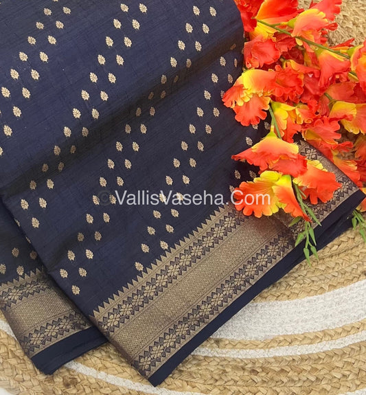 Semi Tussar Silk - Grand Pallu  - Navy Blue Shade - VVSTS017