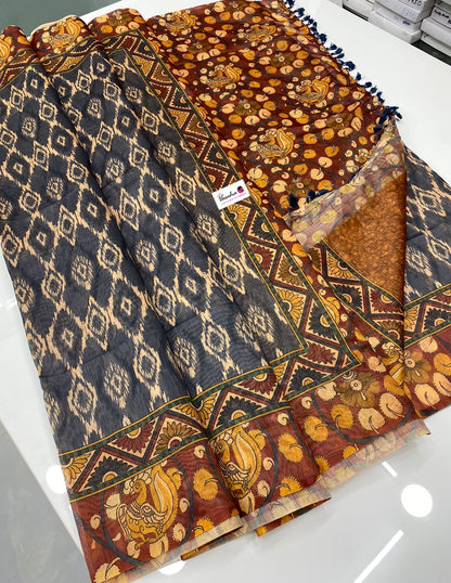 Chanderi Mixed Cotton Saree - Ikkat & kalamkari design  - VVCC002